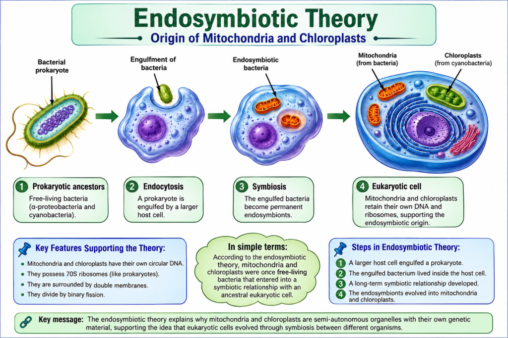 ducational diagram showing the proposed endosymbiotic origin of mitochondria and chloroplasts from free-living bacterial ancestors