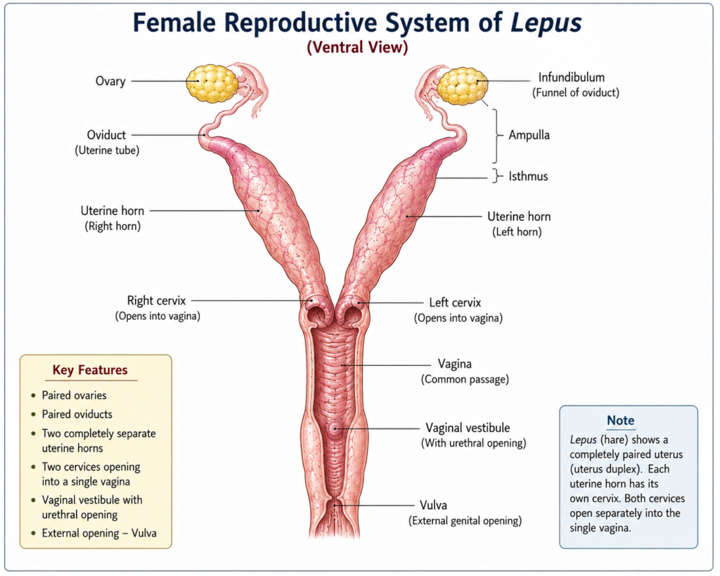 Structure of Female Reproductive System of Lepus | Zoologyverse diagram of the female reproductive system of Lepus showing paired ovaries, oviducts, uterine horns, two cervices, vagina, vaginal vestibule, and vulva