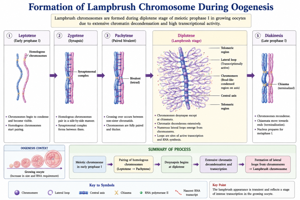 Lampbrush Chromosome: Structure, Formation, Functions and Significance | Zoologyverse diagram showing formation of a lampbrush chromosome during diplotene of meiotic prophase I in a growing oocyte