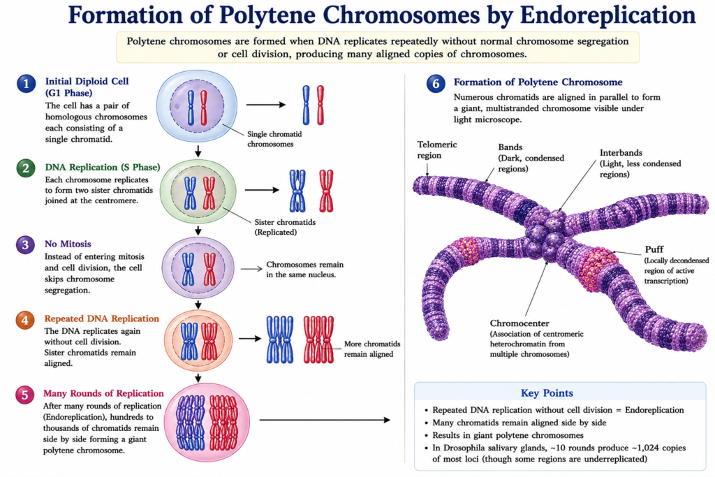 Polytene Chromosomes: Structure, Formation, Functions and Significance | Zoologyverse diagram showing the formation of polytene chromosomes through repeated DNA replication without cell division
