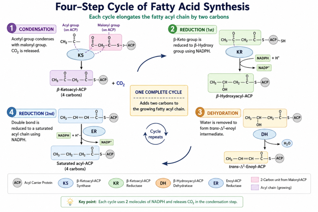 Lipid Biosynthesis: Fatty Acid, Cholesterol and Membrane Lipid Synthesis | Zoologyverse Four-step fatty acid synthesis cycle showing condensation, reduction, dehydration and reduction reactions
