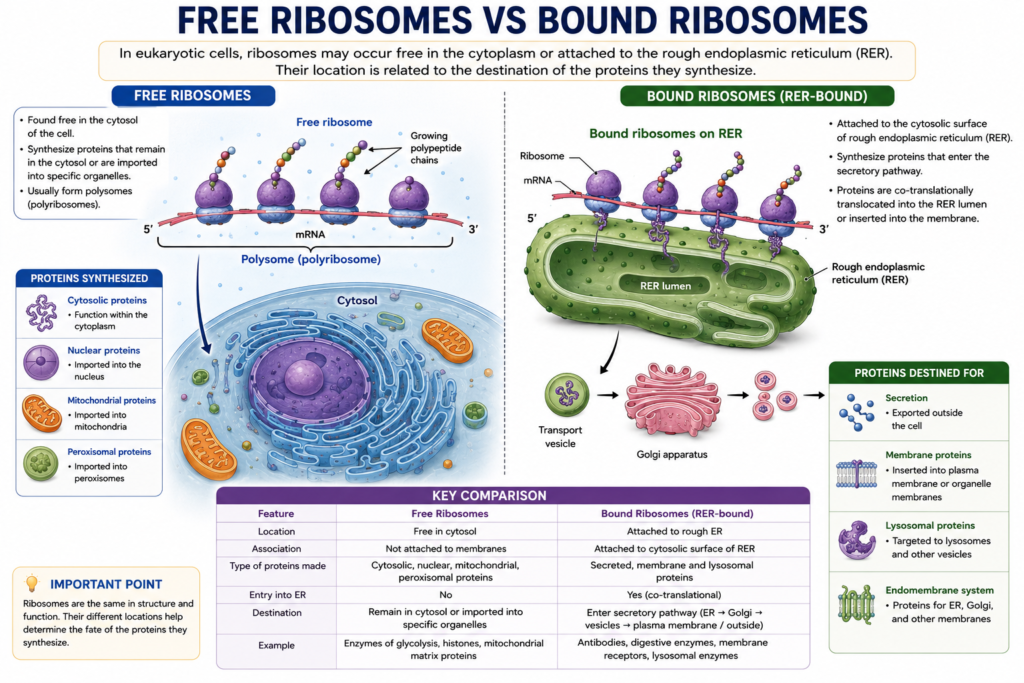 Comparison diagram showing free cytoplasmic ribosomes and ribosomes attached to the rough endoplasmic reticulum