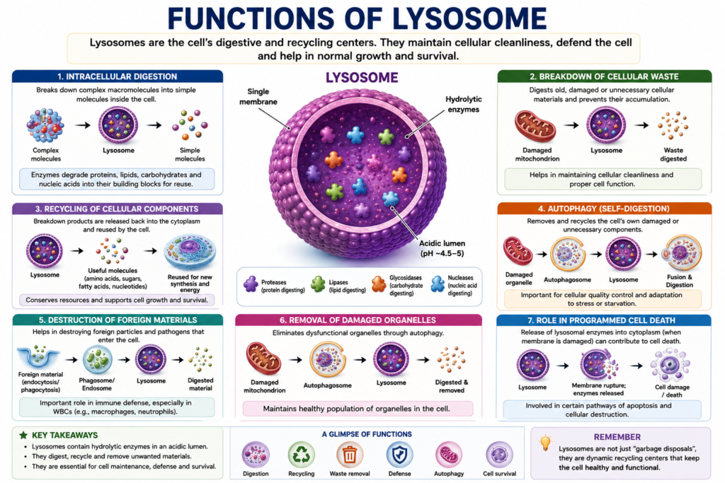 Lysosome – Structure and Functions | Zoologyverse Infographic showing major lysosome functions including intracellular digestion, recycling, autophagy, waste removal, cellular defense, and damaged organelle removal