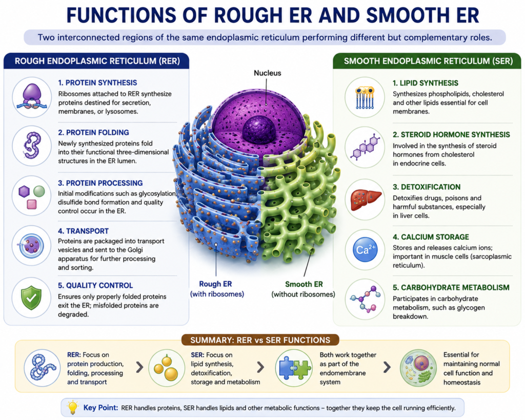 Structure and Functions of Endoplasmic Reticulum | Zoologyverse nfographic comparing the functions of rough endoplasmic reticulum and smooth endoplasmic reticulum