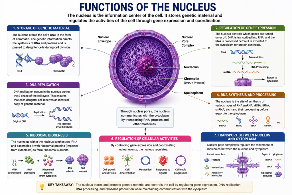 Nucleus – Structure and Functions | Zoologyverse Infographic showing major nucleus functions including DNA storage, gene regulation, DNA replication, transcription, RNA processing, ribosome biogenesis, and nuclear transport