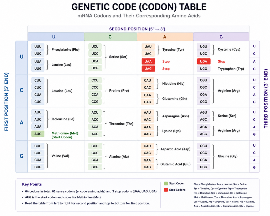 Protein Synthesis: Steps, Process, Genetic Code and Translation | Zoologyverse Genetic code table showing mRNA codons, corresponding amino acids, start codon AUG, and stop codons UAA, UAG, and UGA