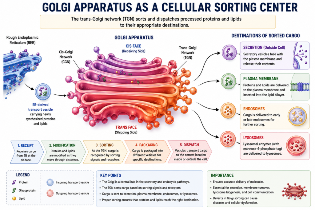 Structure and Functions of Golgi Body | Zoologyverse Diagram showing the Golgi apparatus receiving proteins and lipids from the rough ER, processing them through cisternae, and sorting them at the trans-Golgi network for secretion, plasma membrane delivery, endosomes, and lysosomes.