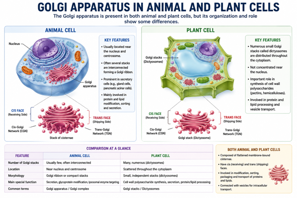 Structure and Functions of Golgi Body | Zoologyverse Comparison diagram showing the Golgi apparatus in animal and plant cells, including Golgi stacks, cis and trans faces, cisternae, Golgi networks, cellular location, and specialized functions.