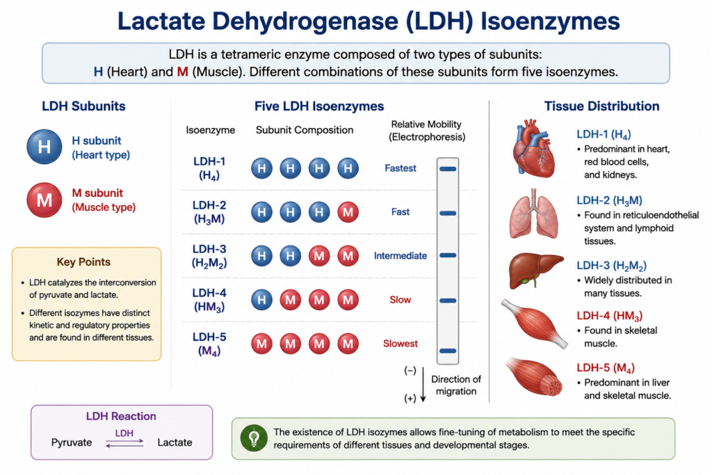 Regulation of Enzyme Action: Mechanisms, Types and Biological Importance | Zoologyverse Diagram illustrating LDH H and M subunits and the formation of different lactate dehydrogenase isoenzymes.