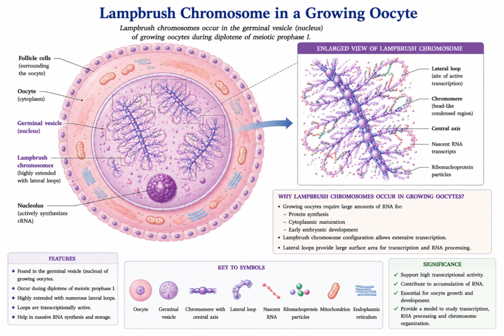 Lampbrush Chromosome: Structure, Formation, Functions and Significance | Zoologyverse diagram showing lampbrush chromosomes inside the germinal vesicle of a growing oocyte during diplotene of meiotic prophase I