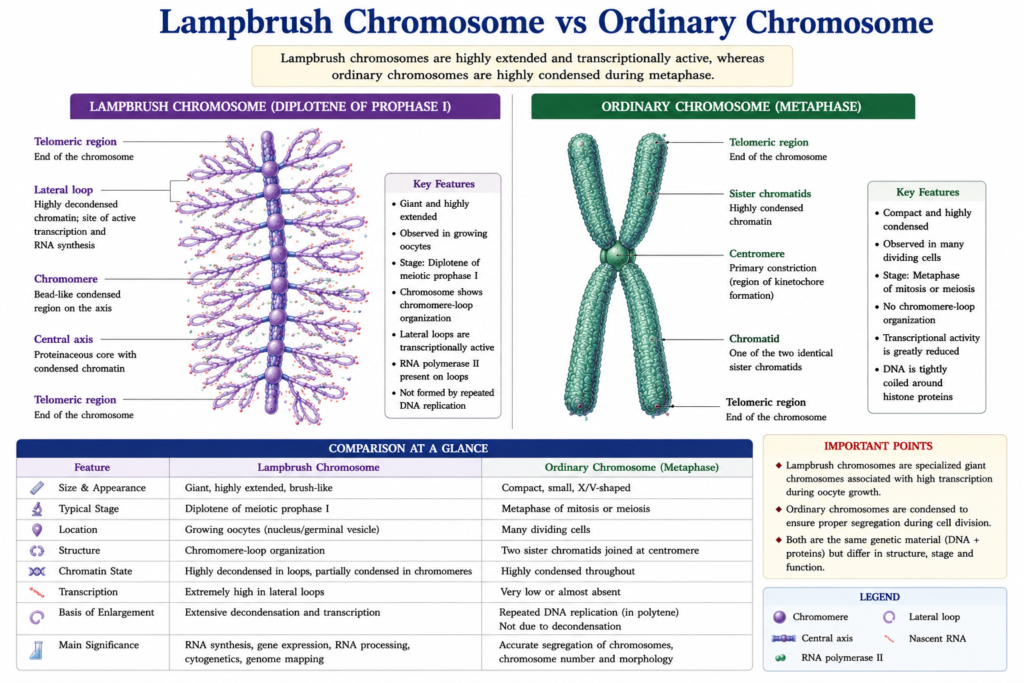 Lampbrush Chromosome: Structure, Formation, Functions and Significance | Zoologyverse comparison of a highly extended lampbrush chromosome during diplotene and a condensed ordinary chromosome during metaphase