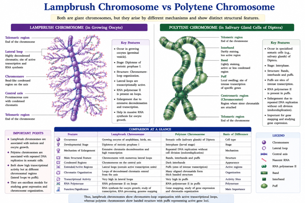 Lampbrush Chromosome: Structure, Formation, Functions and Significance | Zoologyverse comparison of lampbrush and polytene chromosomes showing lateral loops, chromomeres, bands, interbands, and transcriptionally active regions
