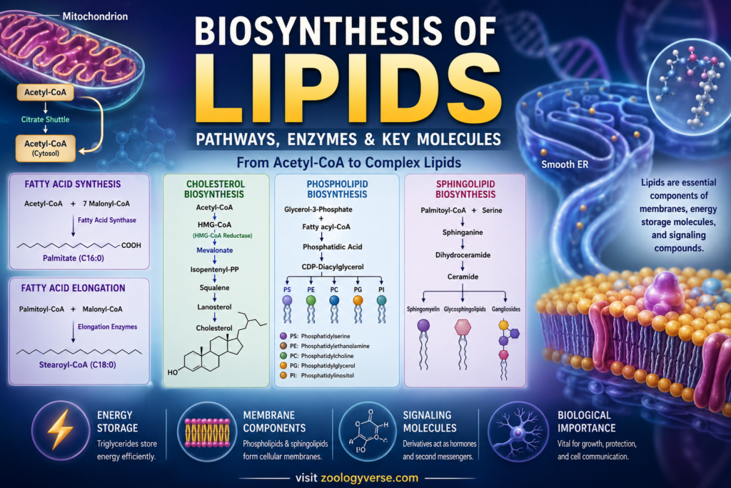Lipid biosynthesis pathways showing fatty acid, cholesterol, phospholipid and sphingolipid synthesis from acetyl-CoA