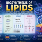 Lipid biosynthesis pathways showing fatty acid, cholesterol, phospholipid and sphingolipid synthesis from acetyl-CoA