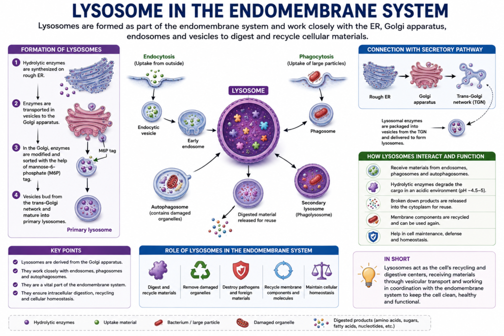 Lysosome – Structure and Functions | Zoologyverse Diagram showing lysosome interaction with endoplasmic reticulum, Golgi apparatus, endosomes, phagosomes, and autophagosomes