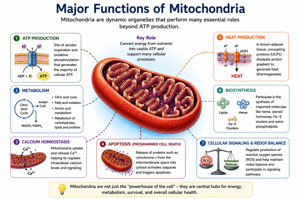 Infographic showing major functions of mitochondria including ATP production, metabolism, calcium regulation, apoptosis, heat production, and cellular signaling