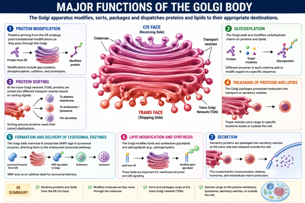 Structure and Functions of Golgi Body | Zoologyverse Educational infographic showing the major functions of the Golgi body, including protein modification, glycosylation, protein sorting, packaging, lysosomal enzyme targeting, lipid modification, lipid synthesis, and secretion.