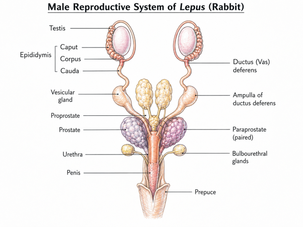Structure of Male Reproductive System of Lepus | Zoologyverse diagram showing the male reproductive system of Lepus with testes, epididymis, ductus deferens, accessory reproductive glands, urethra, penis, and prepuce