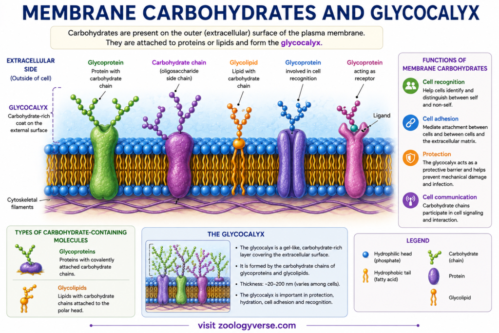 Structure and Functions of Plasma Membrane – Components, Fluid Mosaic Model and Functions | Zoologyverse Labeled diagram showing membrane carbohydrates, glycoproteins, glycolipids and the glycocalyx on the extracellular surface of the plasma membrane, with functions in cell recognition, adhesion, protection and communication.