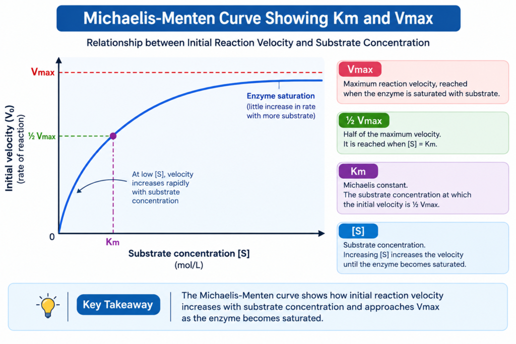 Enzymes: Definition, Classification, Cofactors and Michaelis-Menten Kinetics | Zoologyverse Michaelis-Menten saturation curve showing Vmax and Km at half maximum reaction velocity