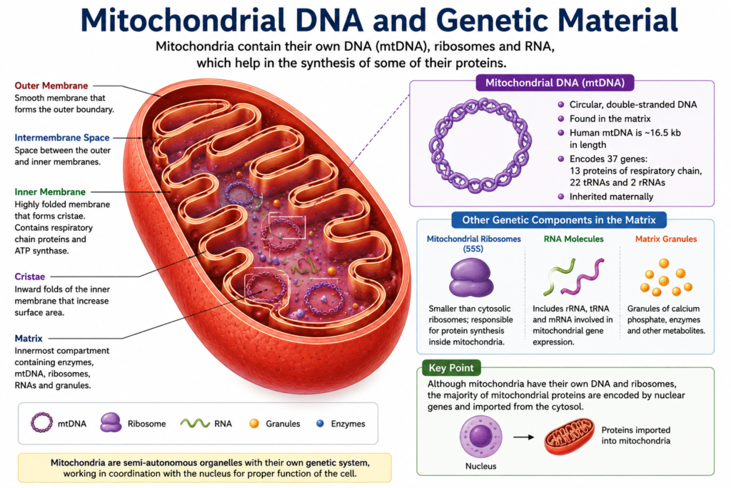 Diagram showing mitochondrial DNA, mitochondrial ribosomes, RNA, and other genetic components inside the mitochondrial matrix