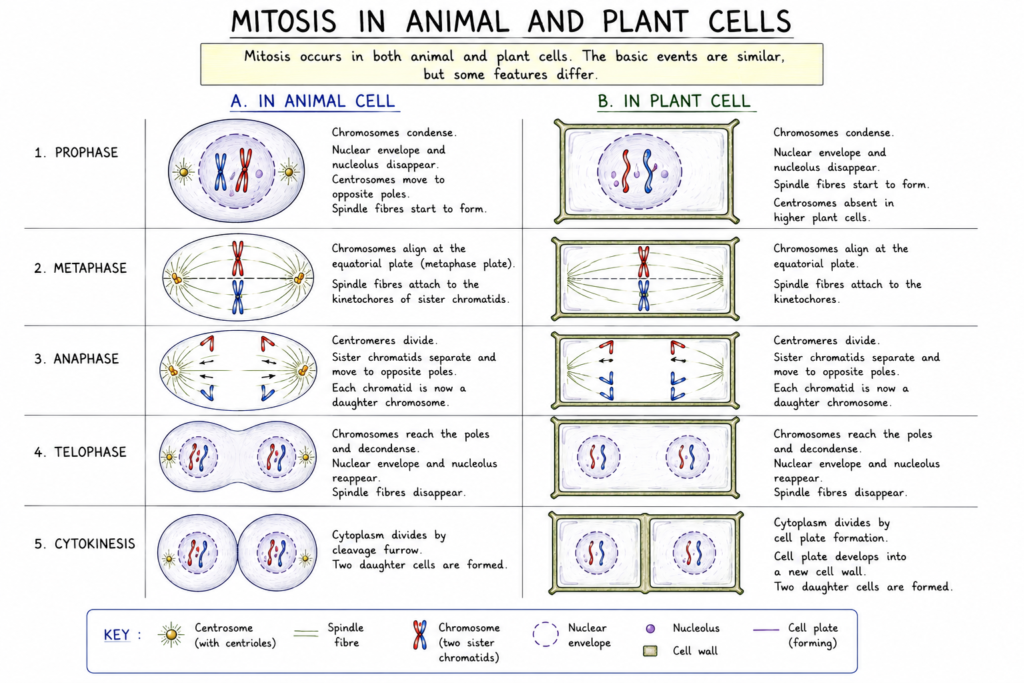 Mitosis: Stages, Process, Significance and Importance | Zoologyverse diagram comparing mitosis in animal and plant cells, showing prophase, metaphase, anaphase, telophase and cytokinesis.