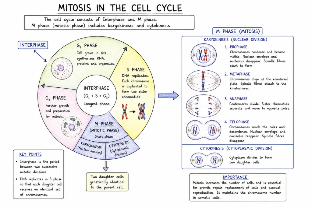 Mitosis: Stages, Process, Significance and Importance | Zoologyverse diagram showing the position of mitosis within the cell cycle, including G₁, S, G₂, M phase, karyokinesis and cytokinesis.