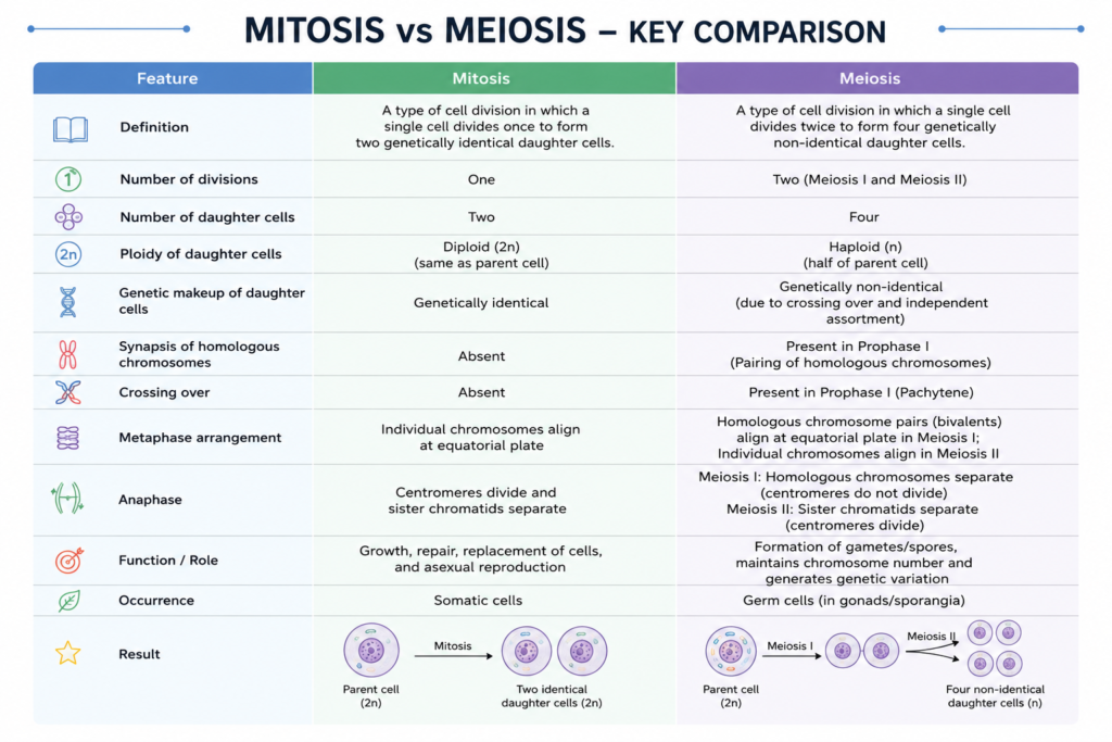 Modern comparison table showing the differences between mitosis and meiosis, including number of divisions, daughter cells, chromosome number, crossing over, genetic variation, functions, and outcomes.