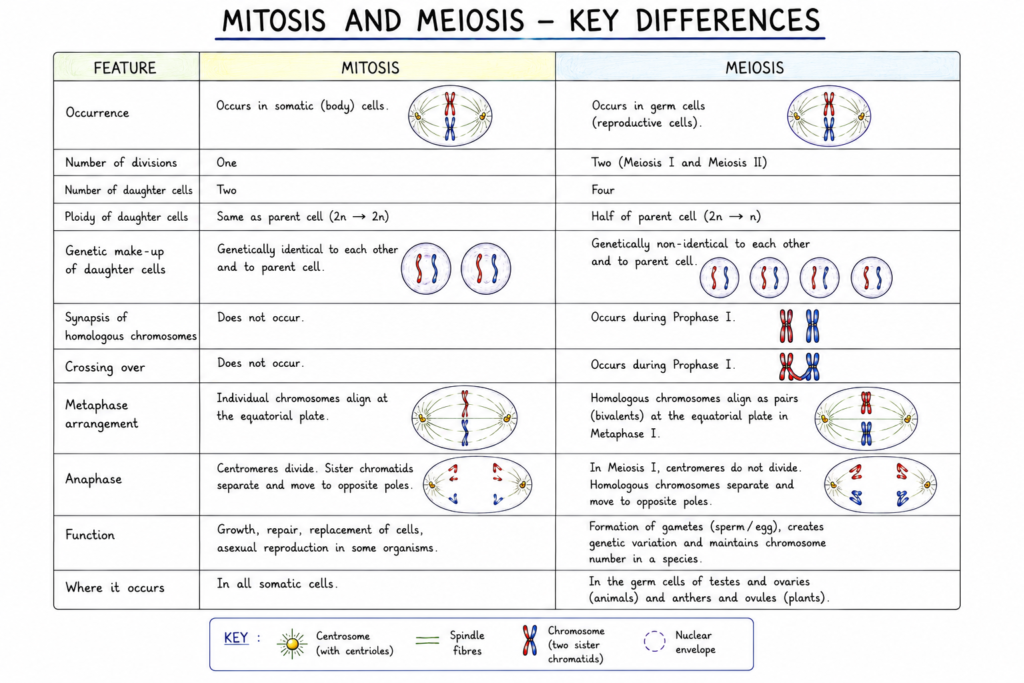 Mitosis: Stages, Process, Significance and Importance | Zoologyverse comparison table showing the differences between mitosis and meiosis in divisions, daughter cells, chromosome number, crossing over, genetic variation and functions.