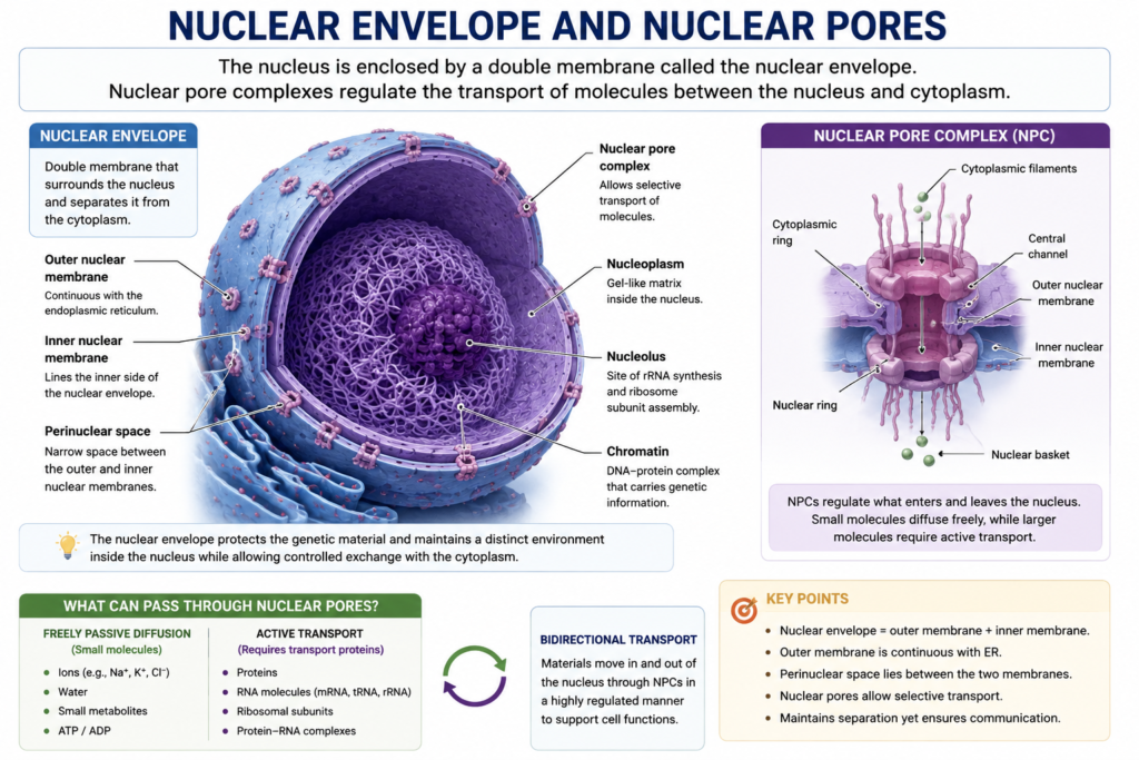 Nucleus – Structure and Functions | Zoologyverse Detailed labeled diagram showing the nuclear envelope, inner and outer nuclear membranes, nuclear pore complexes, nucleoplasm, and cytoplasm