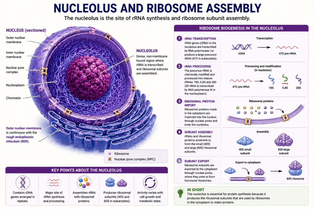 Nucleus – Structure and Functions | Zoologyverse Detailed diagram showing the nucleolus, rRNA synthesis, ribosomal protein import, 40S and 60S subunit assembly, and export through nuclear pores