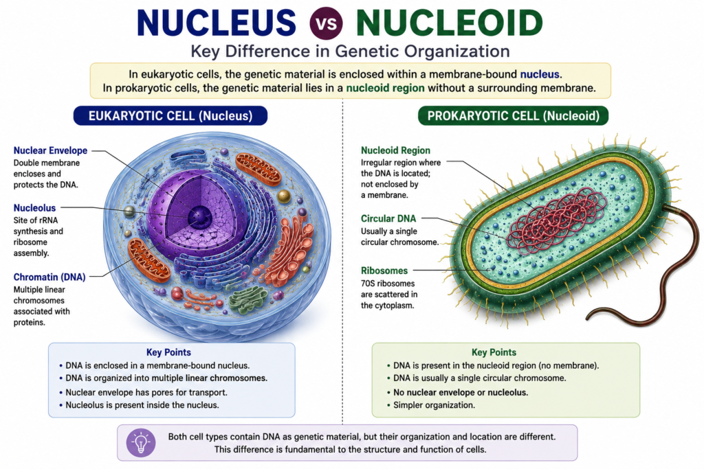 Comparison of a eukaryotic nucleus and prokaryotic nucleoid showing differences in DNA organization and membrane enclosure