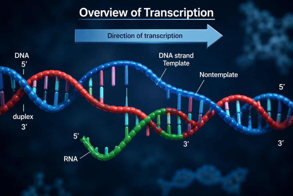 RNA Synthesis Explained: Transcription Steps & Diagram | Zoologyverse Overview diagram of transcription showing DNA template being converted to RNA synthesis