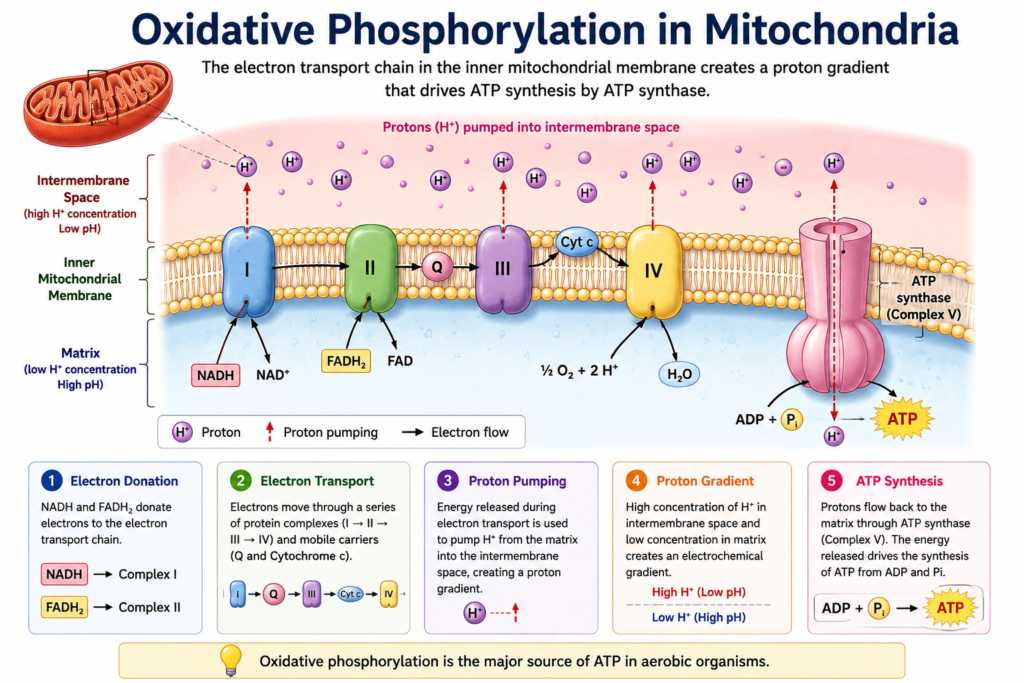 Diagram showing the mitochondrial electron transport chain, proton gradient, ATP synthase, and ATP production