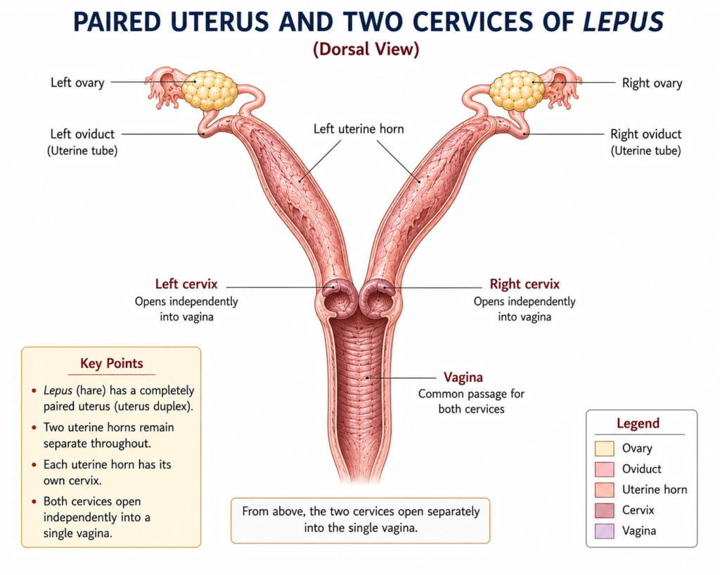 Structure of Female Reproductive System of Lepus | Zoologyverse diagram showing the paired uterine horns, two separate cervices, and single vagina of Lepus