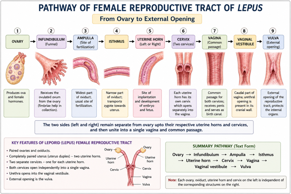 Structure of Female Reproductive System of Lepus | Zoologyverse diagram showing the pathway from ovary through infundibulum, ampulla, isthmus, uterine horn, cervix, vagina, vaginal vestibule, and vulva in Lepus