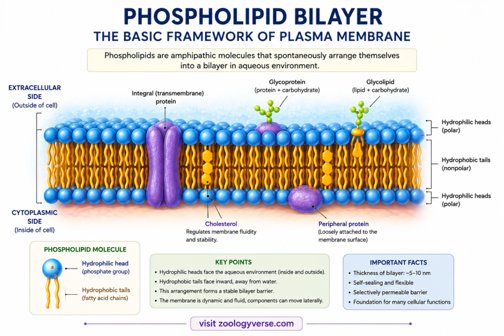 Structure and Functions of Plasma Membrane – Components, Fluid Mosaic Model and Functions | Zoologyverse Labeled diagram of the phospholipid bilayer showing hydrophilic phosphate heads, hydrophobic fatty acid tails, cholesterol, integral proteins, peripheral proteins, glycoproteins and glycolipids.