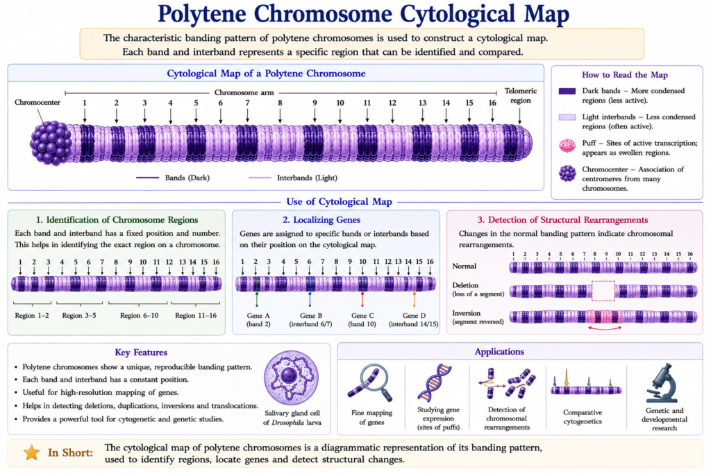 Polytene Chromosomes: Structure, Formation, Functions and Significance | Zoologyverse diagram showing a polytene chromosome cytological map with numbered bands used to identify chromosome regions and detect structural rearrangements
