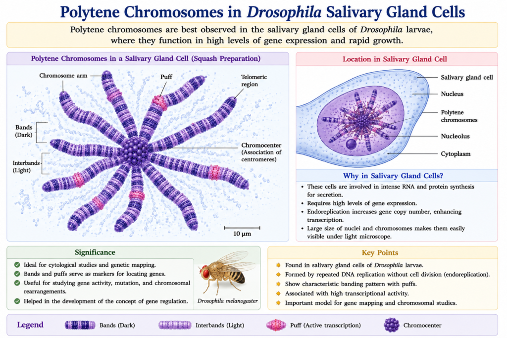 Polytene Chromosomes: Structure, Formation, Functions and Significance | Zoologyverse diagram showing polytene chromosomes in a Drosophila melanogaster salivary gland cell with bands, interbands, puffs, and chromocenter