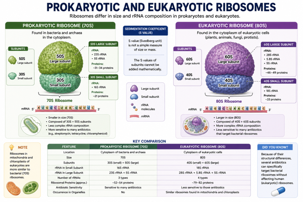Comparison diagram showing 70S prokaryotic and 80S eukaryotic ribosomes with their large and small subunits