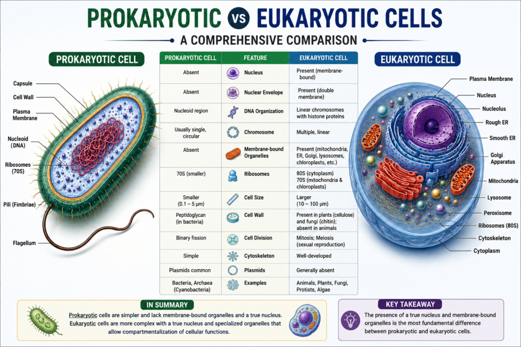 Detailed comparison of prokaryotic and eukaryotic cells showing differences in nucleus, DNA organization, organelles, ribosomes, cell size, cell wall and cell division