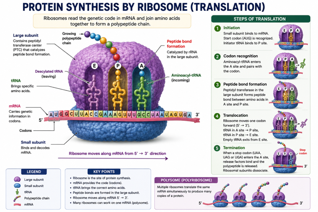 Diagram showing ribosome translation of mRNA with tRNA and formation of a growing polypeptide chain