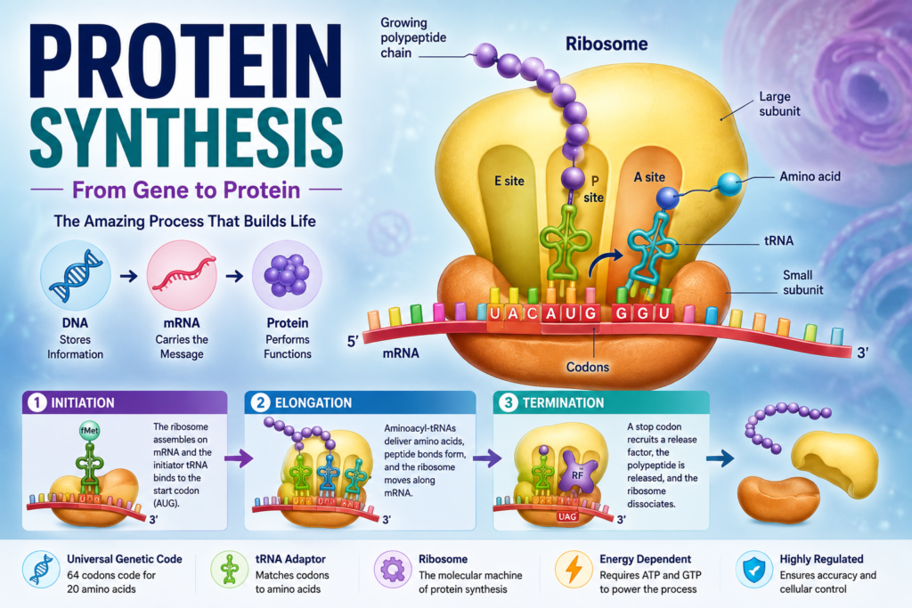 Protein synthesis diagram showing DNA to mRNA, ribosome-mediated translation, tRNA, amino acids, initiation, elongation, and termination