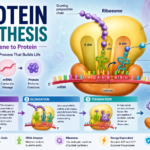 Protein synthesis diagram showing DNA to mRNA, ribosome-mediated translation, tRNA, amino acids, initiation, elongation, and termination