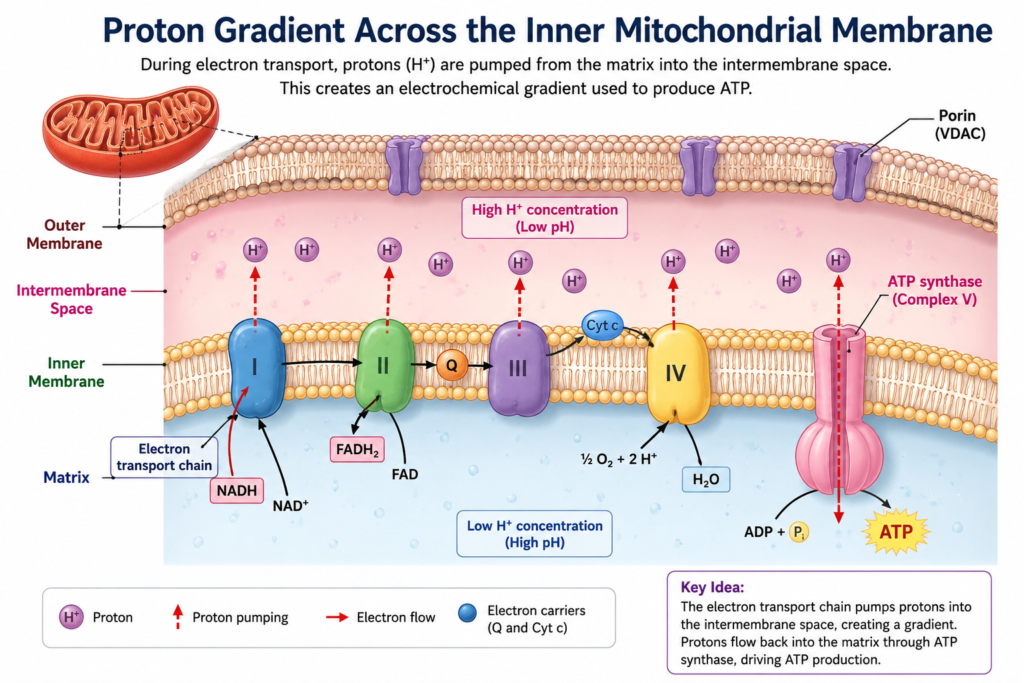 Diagram showing protons pumped into the mitochondrial intermembrane space during electron transport and flowing through ATP synthase to produce ATP
