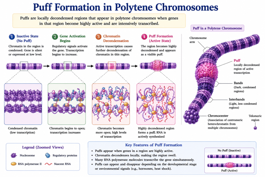 Polytene Chromosomes: Structure, Formation, Functions and Significance | Zoologyverse diagram showing puff formation in a polytene chromosome during increased gene transcription and local chromatin decondensation