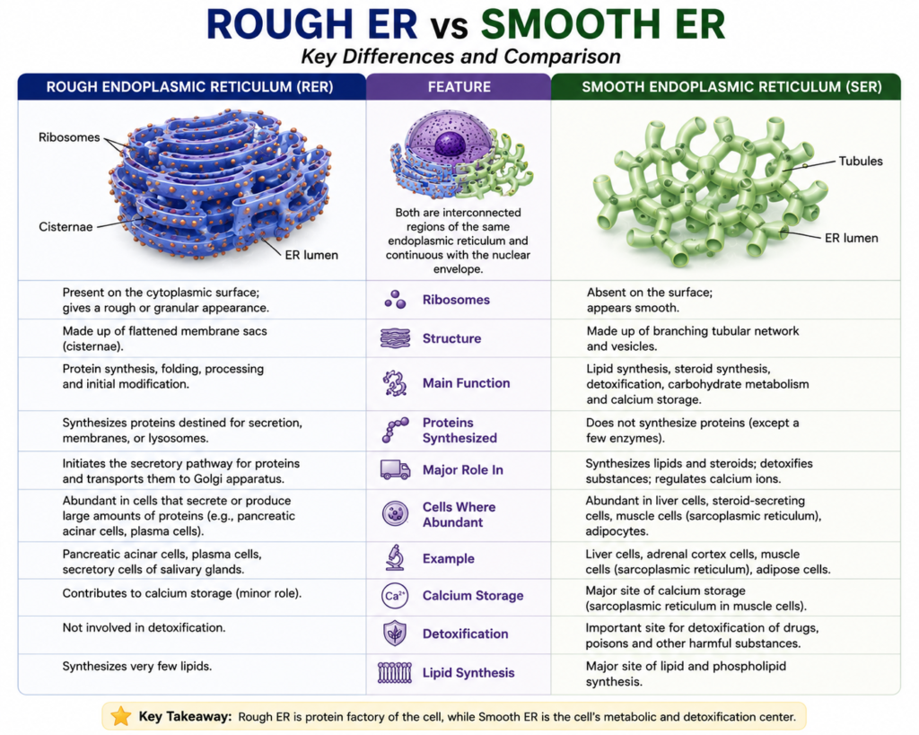 Structure and Functions of Endoplasmic Reticulum | Zoologyverse Comparison chart showing differences between rough endoplasmic reticulum and smooth endoplasmic reticulum