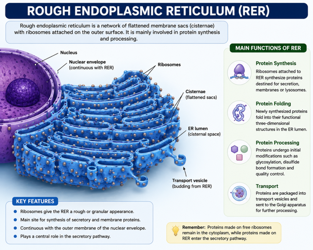 Structure and Functions of Endoplasmic Reticulum | Zoologyverse Labeled diagram of rough endoplasmic reticulum showing ribosomes, cisternae, ER lumen, nuclear envelope, and transport vesicles