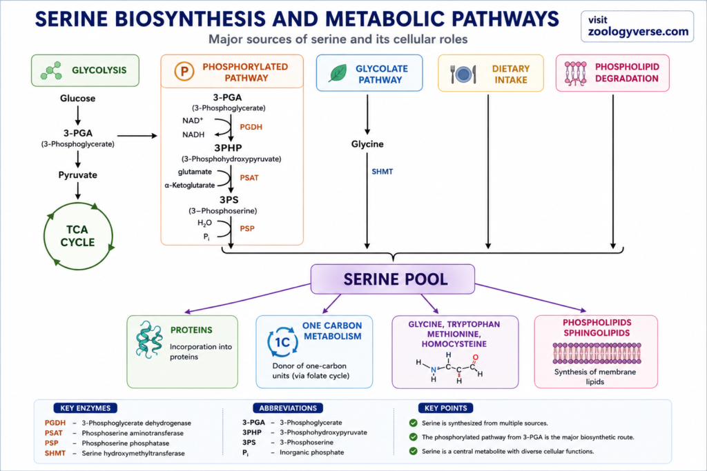 Amino Acid Biosynthesis: Pathways, Precursors and Synthesis | Zoologyverse Diagram showing serine biosynthesis from glycolysis and other sources, including the phosphorylated pathway, glycolate pathway, dietary intake, and phospholipid degradation
