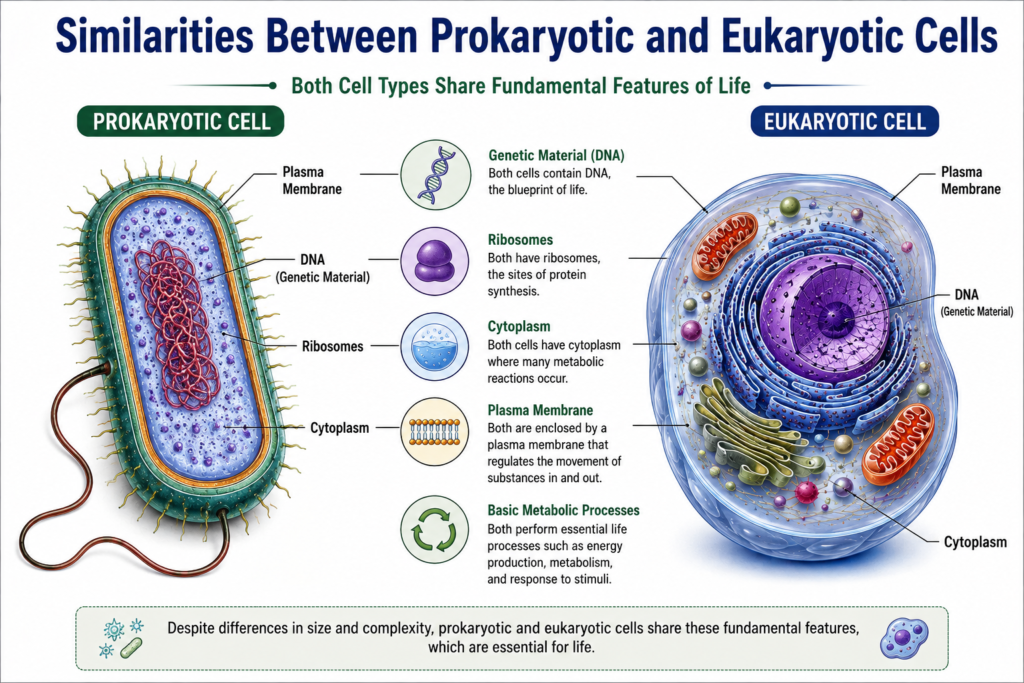 Comparison of prokaryotic and eukaryotic cells showing shared features including DNA, ribosomes, cytoplasm, plasma membrane and basic metabolic processes